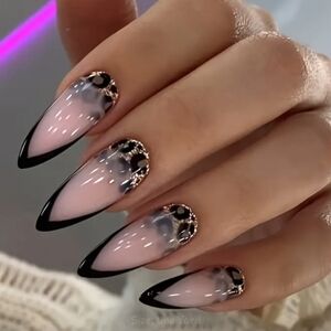 🔥3/$21 Chic Black Leopard print French tip Glossy finish Press On False Nails